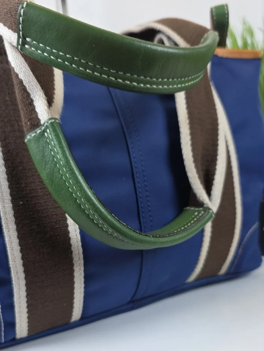 Coach Hampton Y2K Navy Canva Brown Cream Striped Web Handles Green Trim Tote Bag